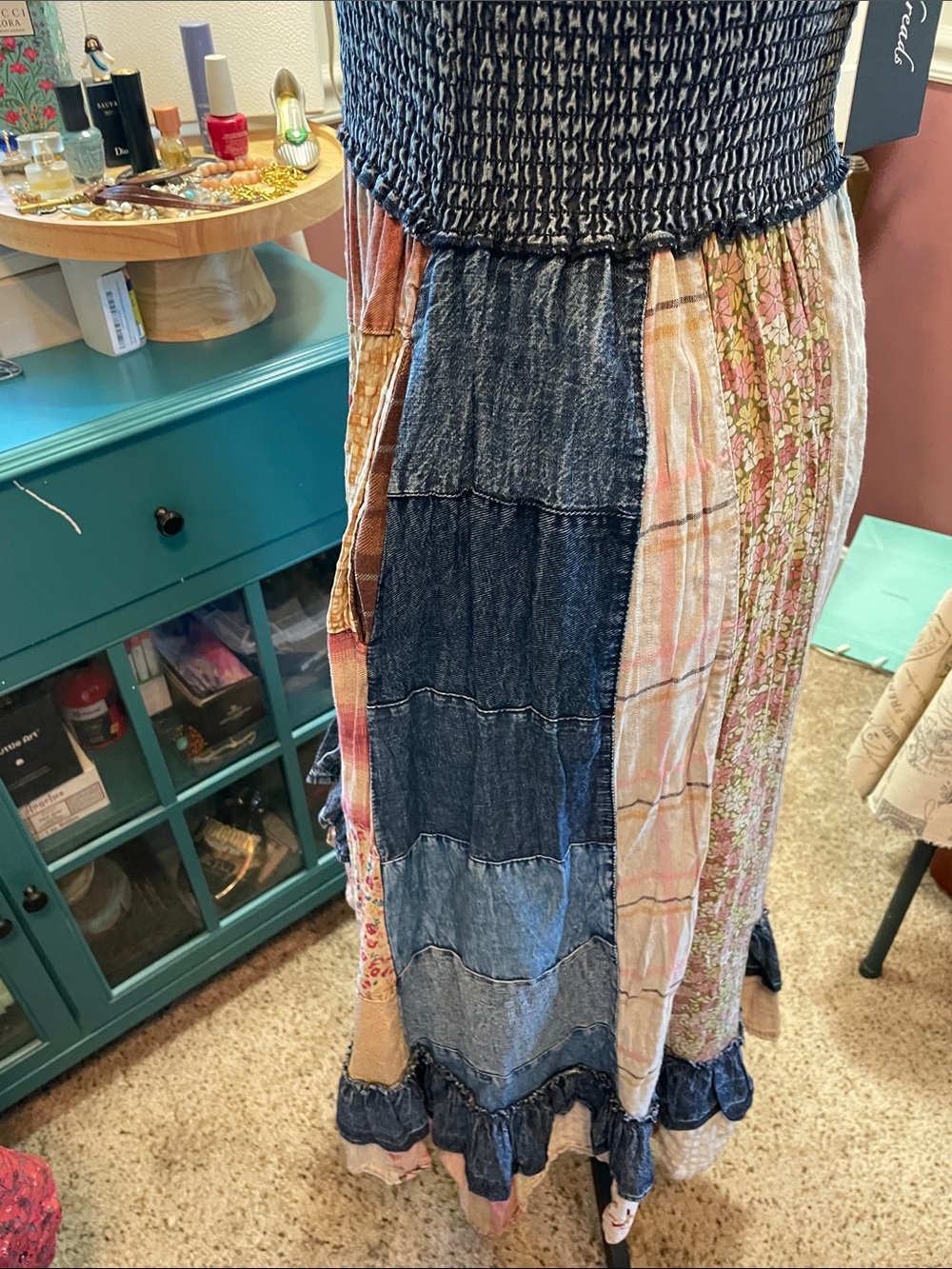 Smocked Denim Bohemian Patchwork Midi Dress in Blue Young Threads - Picture 17 of 17